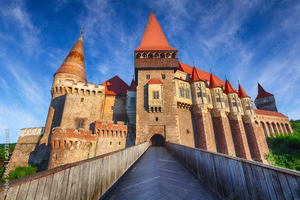 Beautiful panorama of the Hunyad Castle / Corvin's Castle with wooden bridge