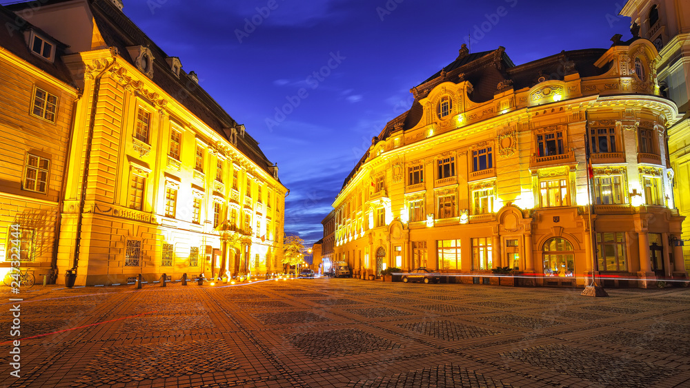 Night scene of Piata mare central square in historical Sibiu