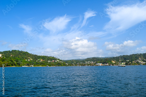Samana port view from ocean with many boats, dominican republic