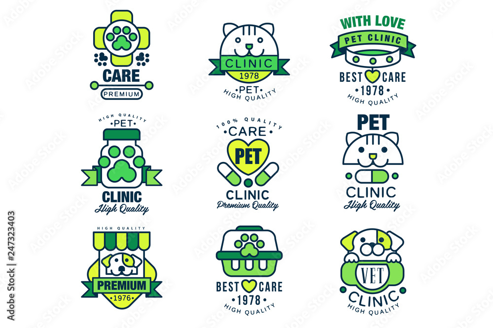 Pet clinic logo set, high quality, best care 1978 vector Illustrations Pet clinic logo set, high quality, best care 1978 vector Illustrations