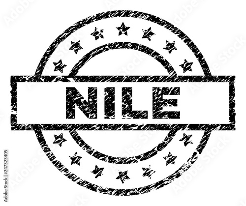 NILE stamp seal watermark with distress style. Designed with rectangle, circles and stars. Black vector rubber print of NILE label with retro texture.