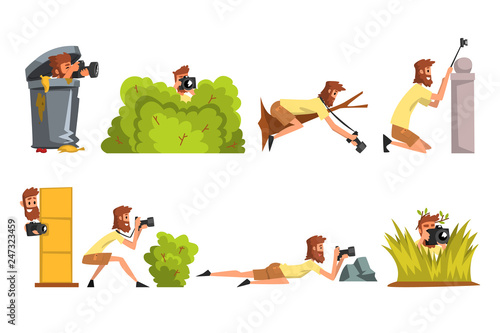 Paparazzi photographers hiding with photo camera set, journalists making sensational shot vector Illustrations on a white background