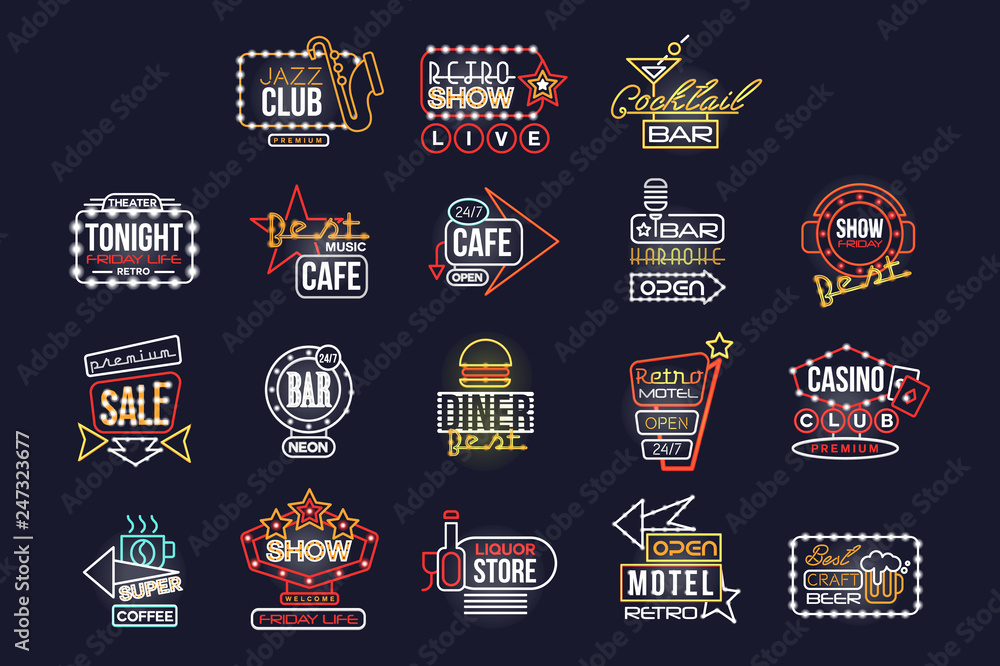 Colorful glowing signboards set, retro neon street signs vector Illustrations