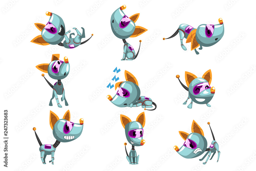 Fototapeta premium Cute robotic dog set, funny robot animal in different actions vector Illustrations on a white background
