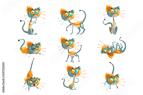 Cute robotic cat set  funny robot animal in different actions vector Illustrations on a white background