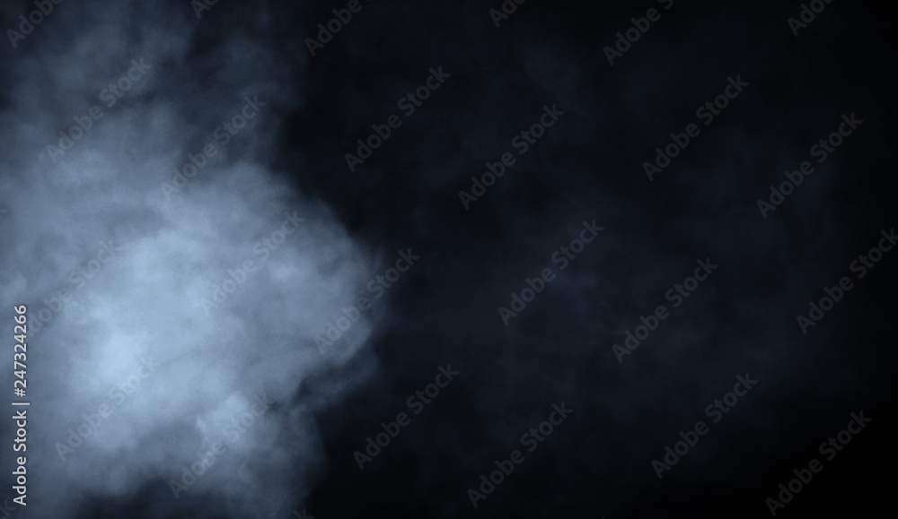 Abstract blue smoke misty fog on isolated black background. Texture overlays. Design element.