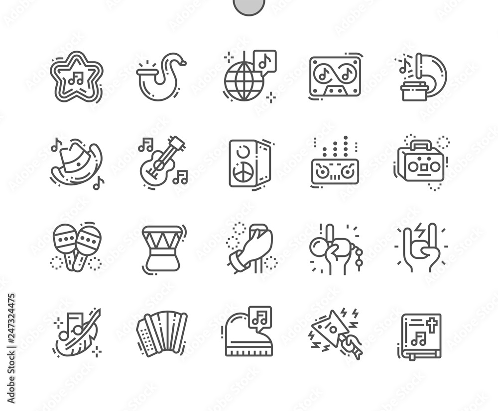 Musical genres Well-crafted Pixel Perfect Vector Thin Line Icons 30 2x Grid for Web Graphics and Apps. Simple Minimal Pictogram Musical genres Well-crafted Pixel Perfect Vector Thin Line Icons 30 2x Grid for Web Graphics and Apps. Simple Minimal Pictogram