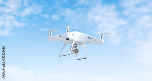 Blank white flying quadcopter mockup on sky background, 3d rendering. Empty wireless helicopter fly in heaven mock up. Clear technology spy with camera. Outdoor toy template.