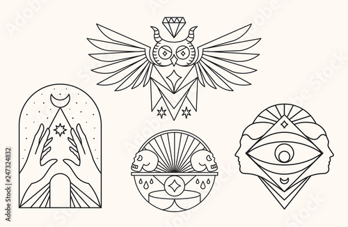 Owl, skull, eye and face. Mystic Symbols vector illustration.