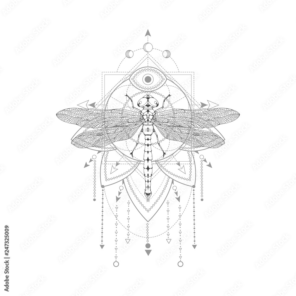Vector illustration with hand drawn dragonfly and Sacred symbol on white background. Abstract mystic sign. Black linear shape. Vector illustration with hand drawn dragonfly and Sacred symbol on white background. Abstract mystic sign. Black linear shape.