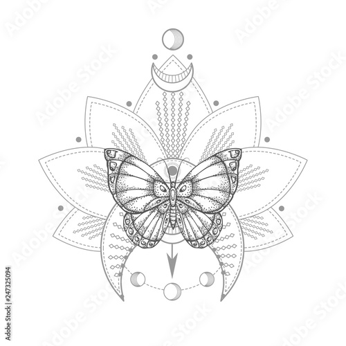 Vector illustration with hand drawn butterfly and Sacred geometric symbol on white background. Abstract mystic sign. Black linear shape. For you design, tattoo or magic craft.
