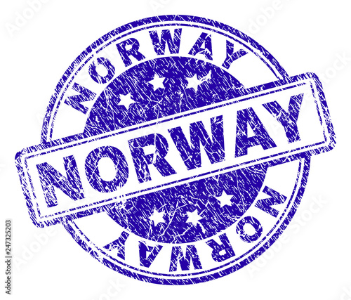 NORWAY stamp seal imprint with distress texture. Designed with rounded rectangles and circles. Blue vector rubber print of NORWAY label with unclean texture.