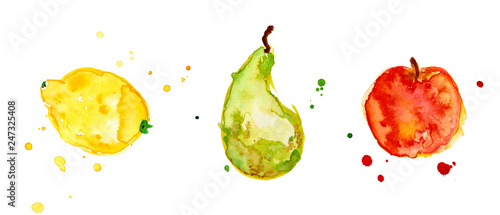 Fototapeta Naklejka Na Ścianę i Meble -  Fruits set watercolor paint with lemon, pear and apple colorful