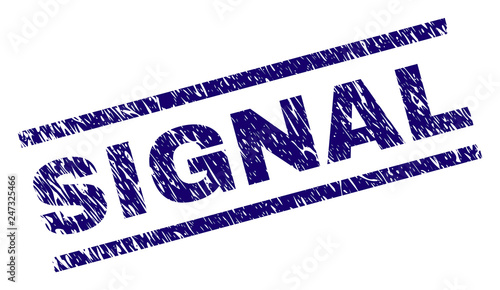 SIGNAL seal print with distress style. Blue vector rubber print of SIGNAL caption with retro texture. Text caption is placed between parallel lines.