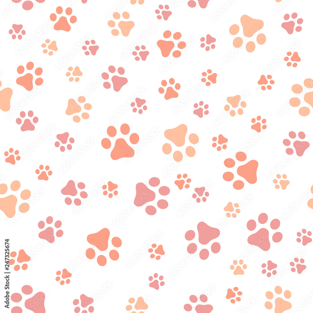 Dog Paw seamless pattern vector footprint kitten puppy tile coral color background repeat wallpaper cartoon isolated illustration white - Vector illustration.