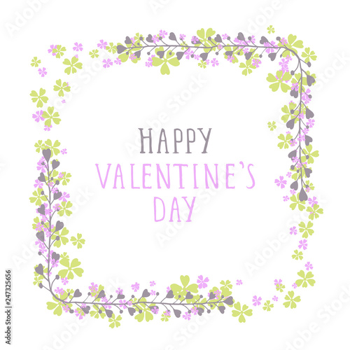 Vector hand drawn illustration of text HAPPY VALENTINE'S DAY and floral rectangle frame on white background.  © nadezhdash