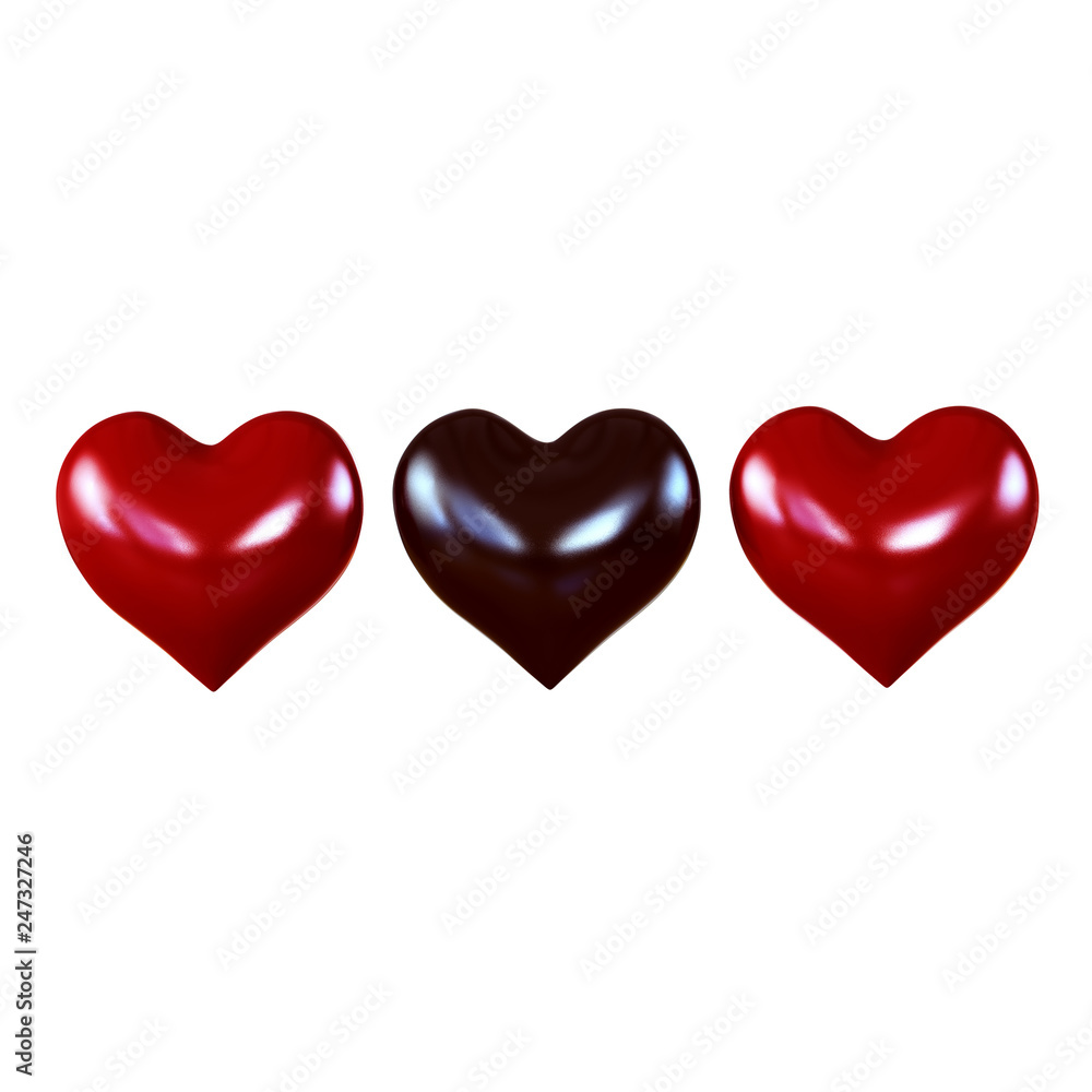 Fototapeta premium Three hearts black in the middle 3d rendering