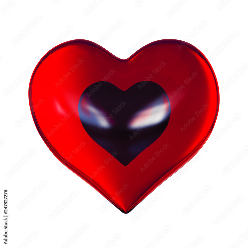 Black heart in a red glass heart 3d rendering