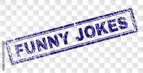 FUNNY JOKES stamp seal watermark with rubber print style and double framed rectangle shape. Stamp is placed on a transparent background.