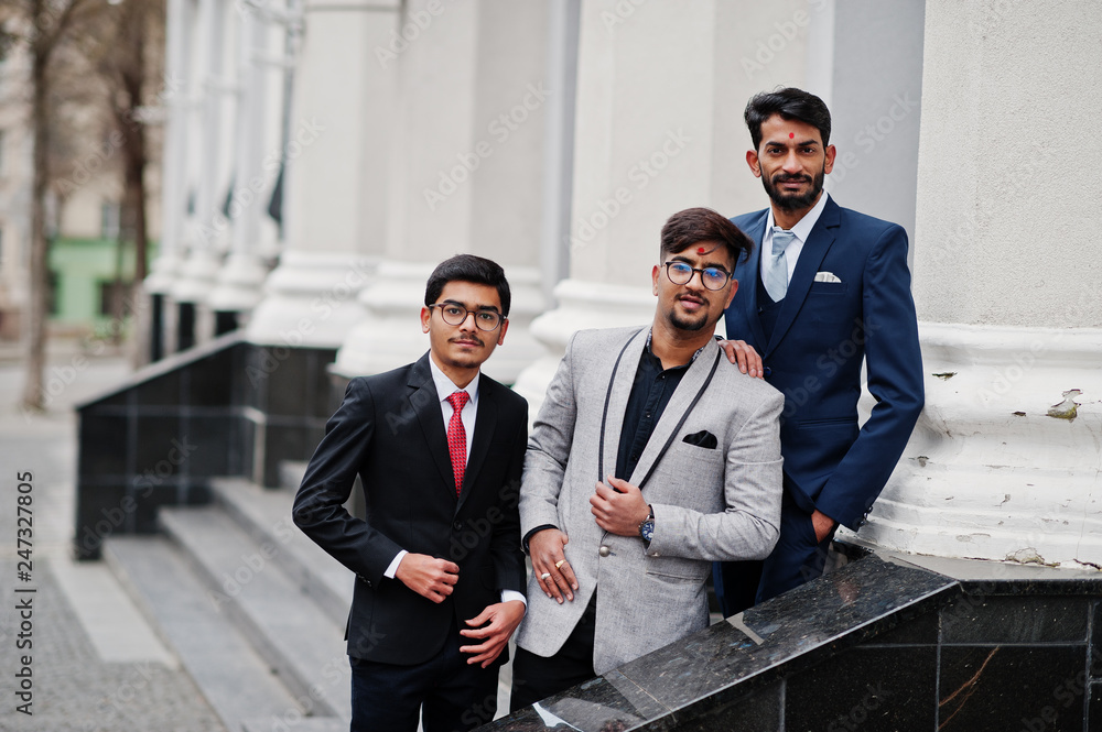 Group of three south asian indian mans in business suits wear. Group of three south asian indian mans in business suits wear.