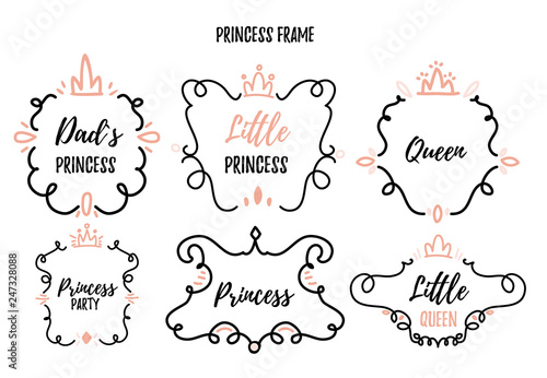 Little princess frame set in doodle style for baby shower, birthday party