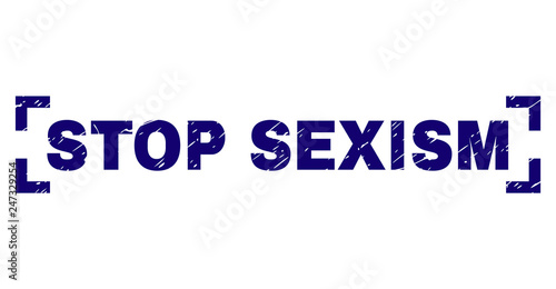 STOP SEXISM text seal watermark with distress texture. Text tag is placed between corners. Blue vector rubber print of STOP SEXISM with dust texture.