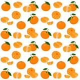 Mandarin, tangerine, clementine with leaves isolated on white background. Citrus fruit background. Seamless pattern. Vector Illustration