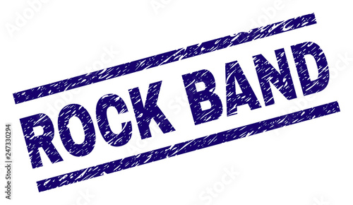 ROCK BAND seal print with distress style. Blue vector rubber print of ROCK BAND text with dust texture. Text label is placed between parallel lines.