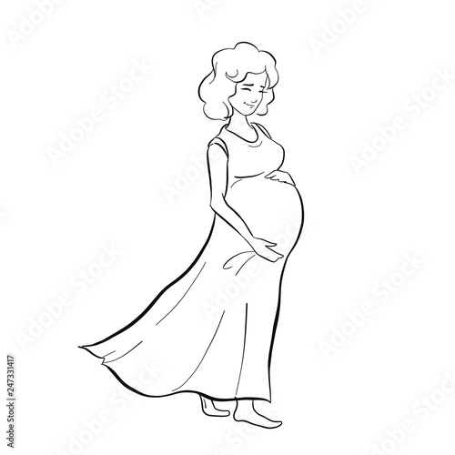 Vector line art pregnant woman isolated on white background. Female waiting for a child for babycare site, birthing center, maternity home, doula, mom health, future mother holding her belly in arms