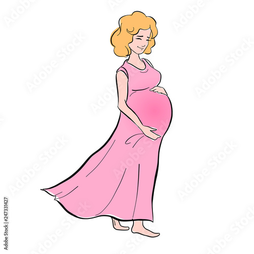 Vector line art pregnant woman isolated on white background. Female waiting for a child for babycare site, birthing center, maternity home, doula, mom health, future mother holding her belly in arms