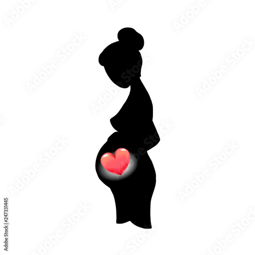 Vector line art pregnant woman isolated on white background. Female waiting for a child for babycare site, birthing center, maternity home, doula, mom health, future mother silhouette with 3d heart