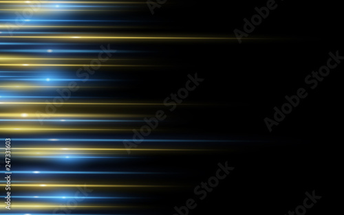 Light effect. Abstract background of yellow blue laser beams of light on black background. Chaotic glowing neon lines. Side view. Vector illustration