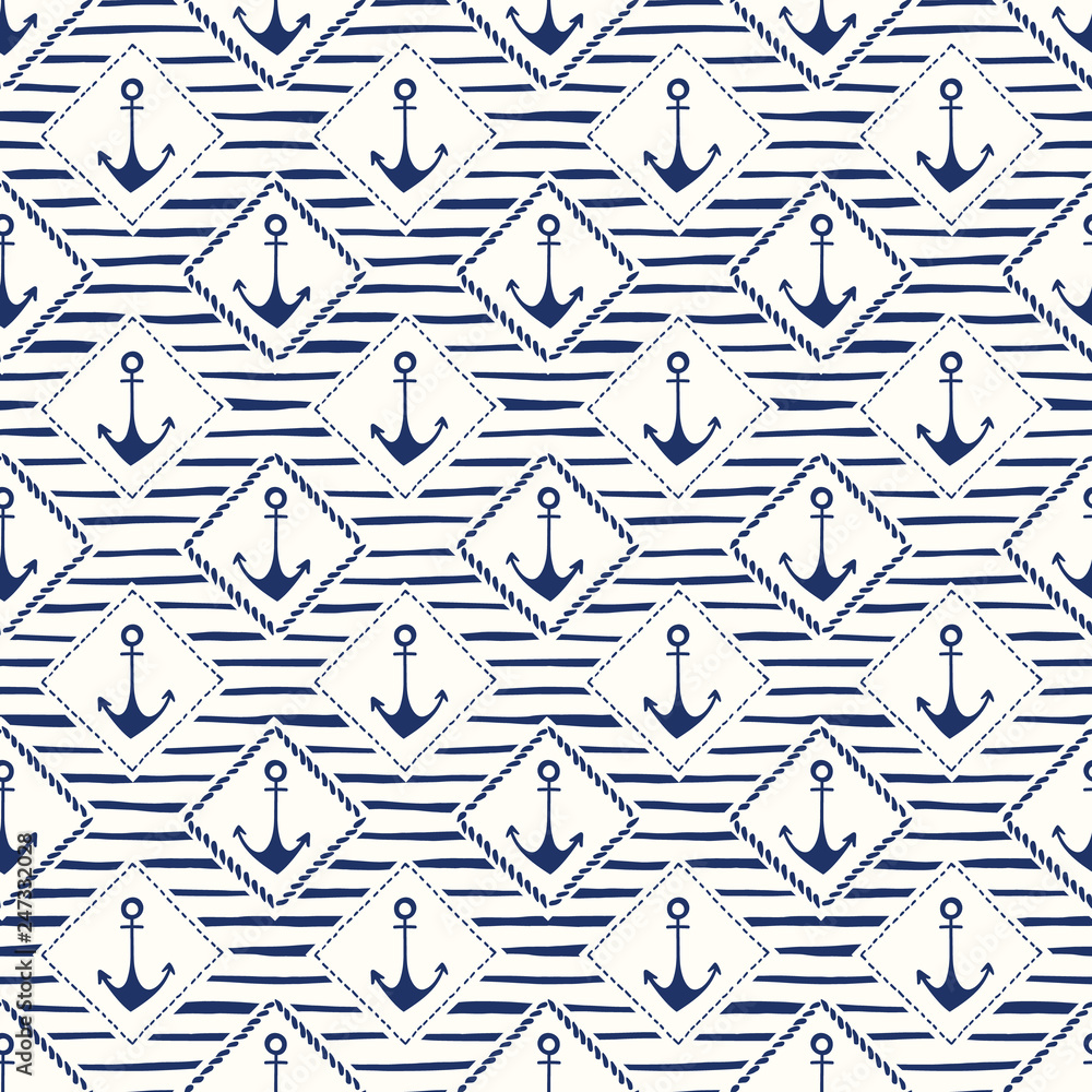 Hand-Drawn Rope Frames with Anchors and Stripes Vector Seamless Pattern. Monochrome Blue Marine Small Scale Background Hand-Drawn Rope Frames with Anchors and Stripes Vector Seamless Pattern. Monochrome Blue Marine Small Scale Background