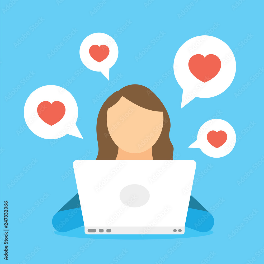 Woman chatting in social network by laptop and receiving like heart, subscribers and friends. Woman blogging in internet, web site and media network. Communication and online conversation in chat. Woman chatting in social network by laptop and receiving like heart, subscribers and friends. Woman blogging in internet, web site and media network. Communication and online conversation in chat.
