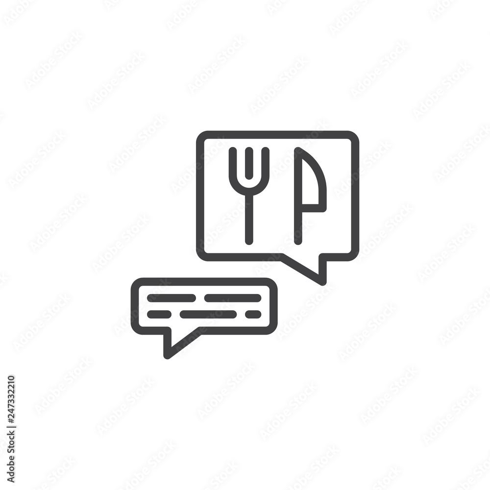 Food ordering chat message line icon. linear style sign for mobile concept and web design. Food delivery speech bubble outline vector icon. Symbol, logo illustration. Pixel perfect vector graphics Food ordering chat message line icon. linear style sign for mobile concept and web design. Food delivery speech bubble outline vector icon. Symbol, logo illustration. Pixel perfect vector graphics