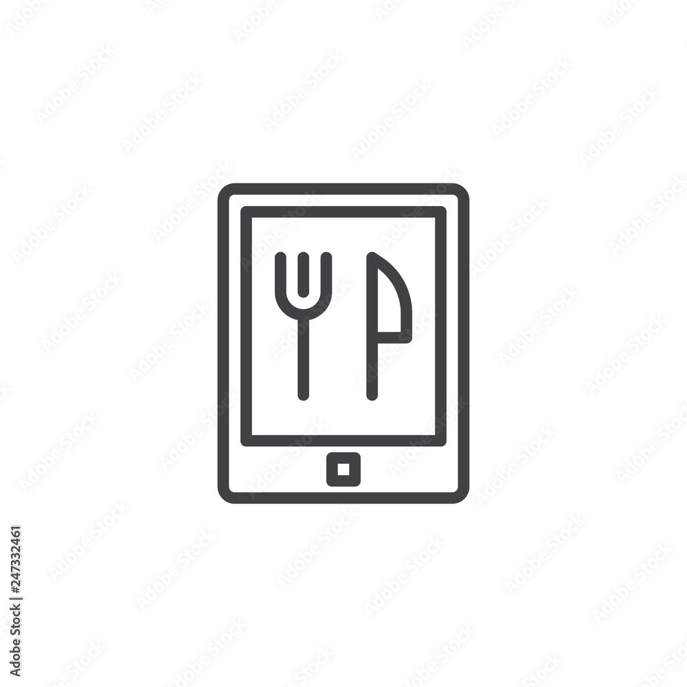 Restaurant reservation screen line icon. linear style sign for mobile concept and web design. Mobile phone with fork and knife outline vector icon. Symbol, logo illustration. Pixel perfect vector Restaurant reservation screen line icon. linear style sign for mobile concept and web design. Mobile phone with fork and knife outline vector icon. Symbol, logo illustration. Pixel perfect vector