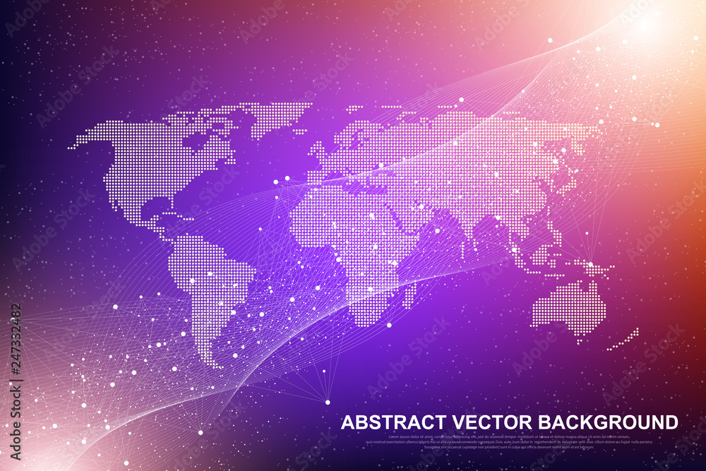 Obraz premium Futuristic abstract vector background blockchain technology. Deep web background. Peer to peer network business concept. Global cryptocurrency blockchain vector banner. Wave flow