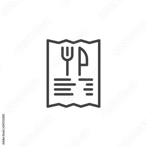 Restaurant bill line icon. linear style sign for mobile concept and web design. Receipt bill with fork and knife outline vector icon. Symbol, logo illustration. Pixel perfect vector graphics