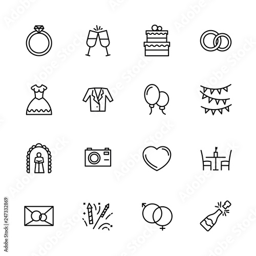 Simple icon set engagement and wedding in church. Contains such symbols love, ring, bride wedding dress and groom suit, photo video camera, salute, champagne, invitation, celebration and more.
