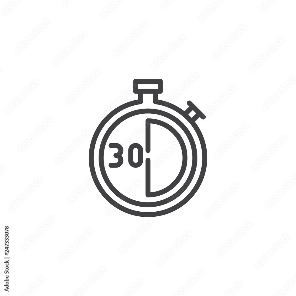 Stopwatch with 30 minutes delivery time vector icon. filled flat sign for mobile concept and web design. Thirty minutes food delivery simple solid icon. Symbol, logo illustration. Pixel perfect Stopwatch with 30 minutes delivery time vector icon. filled flat sign for mobile concept and web design. Thirty minutes food delivery simple solid icon. Symbol, logo illustration. Pixel perfect