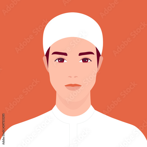 Portrait of a young Arab man. Oriental student. The guy in national clothes. Vector flat illustration