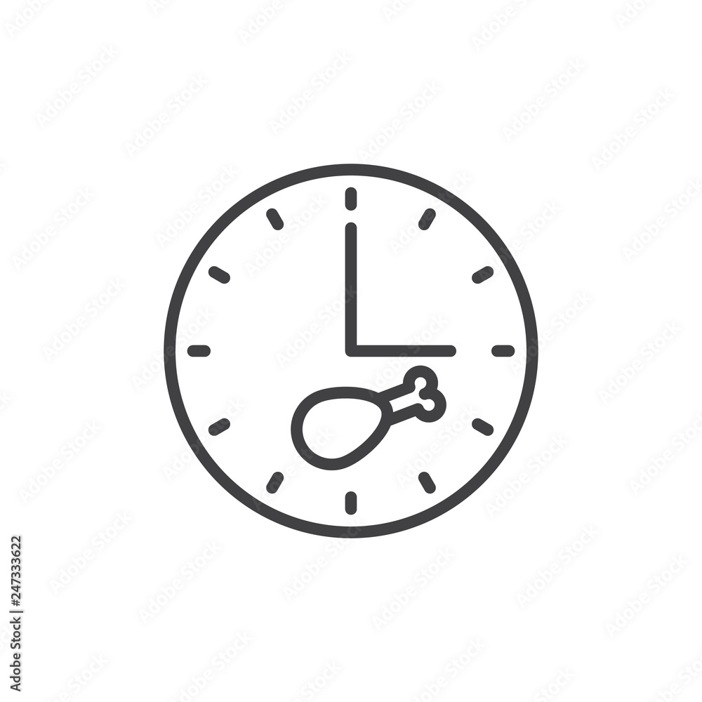 Fast food delivery time line icon. linear style sign for mobile concept and web design. Clock with chicken leg outline vector icon. Symbol, logo illustration. Pixel perfect vector graphics Fast food delivery time line icon. linear style sign for mobile concept and web design. Clock with chicken leg outline vector icon. Symbol, logo illustration. Pixel perfect vector graphics