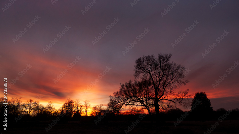 Red sunset in a rural area