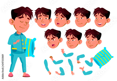 Asian Boy, Child, Kid, Teen Vector. Schoolchild. Lecture. Face Emotions, Various Gestures. Animation Creation Set. Isolated Flat Cartoon Character Illustration