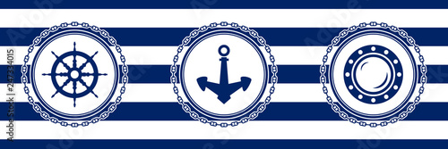 Banner with Sea Emblems on Seamless Striped Marine Background, Ship's Wheel and Anchor and Porthole , Vector Illustration