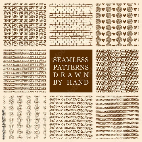 Vector set of hand drawn seamless pattern made with ink. Freehand textures for fabric, polygraphy, web design.