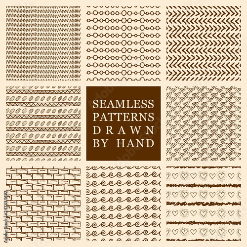 Vector set of hand drawn seamless pattern made with ink. Freehand textures for fabric, polygraphy, web design.