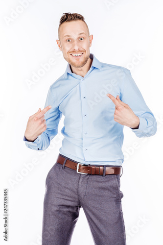 Man on a white studio background.. emotions and people concept.