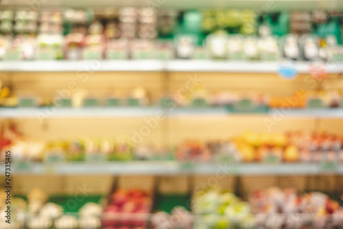 blur background of fresh food in supermarket shelf with bokeh light.grocery product on shelves.
