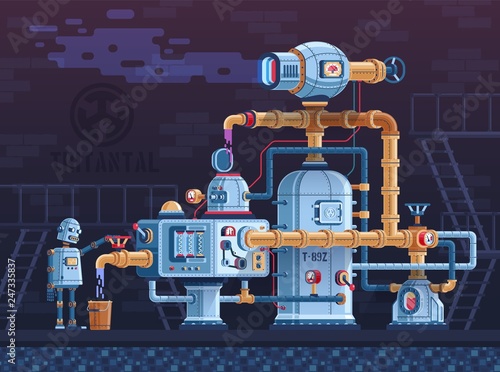 Steampunk fantastic intricate industrial machine with pipes, wires, tanks and control panels. The complex of metal parts of devices is controlled by a robot. Vector flat illustration.